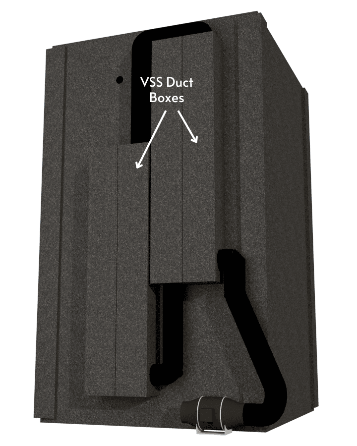 A WhisperRoom MDL 4848 S shown with the Ventilation Silencing System (VSS) attached to the back of the sound booth.