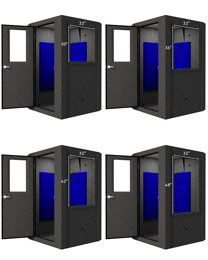 A WhisperRoom MDL 4848 S shown with four different window sizes on the sound booth.