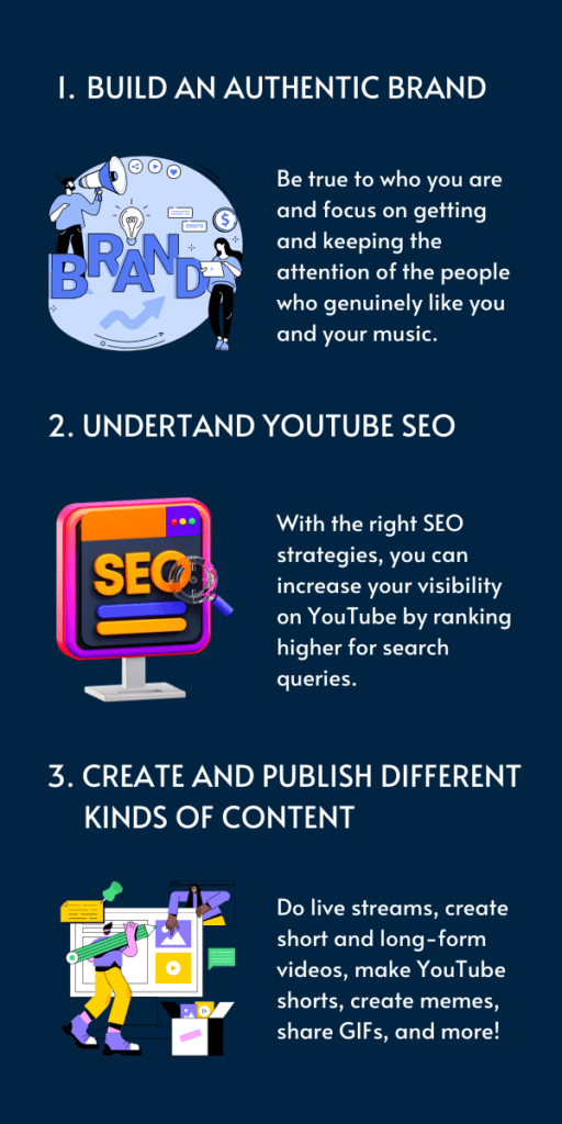 An info graph showing 3 steps that help growing on YouTube as a musician.