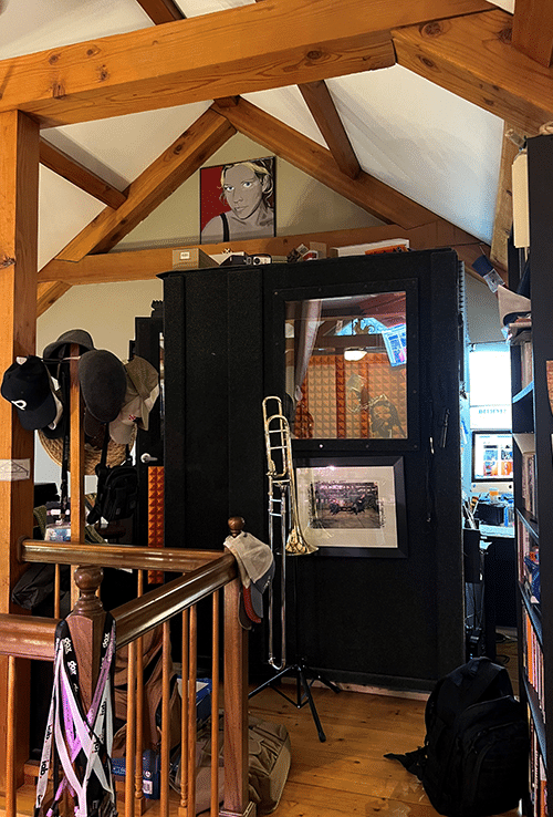 Voice Actor Charles Dannison's WhisperRoom MDL 4260 S shown inside of a lofted home office in an old colonial home.