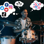 Image of a musician playing drums with thought bubbles about building a social media following.