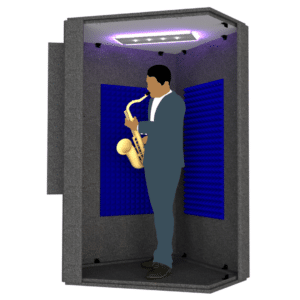 A man playing saxophone inside the MDL 127 LP illustrates the 12.7 sq. foot interior size of the booth.