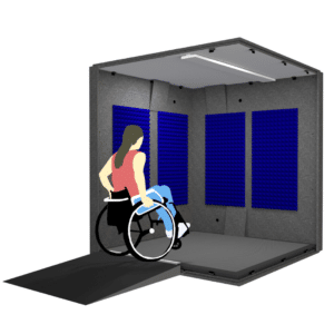 A woman in a wheelchair inside the Audiology Deluxe Package illustrates the ADA-accessible 6' x 6' interior size of the booth.