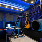Interior image of a WhisperRoom with a microphone, an acoustic guitar on the wall, and a computer on a desk.
