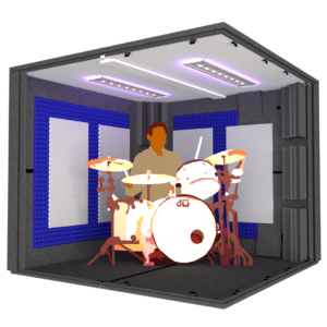 A drummer with a drum kit inside the Drum Booth Package illustrates the interior size of the booth.