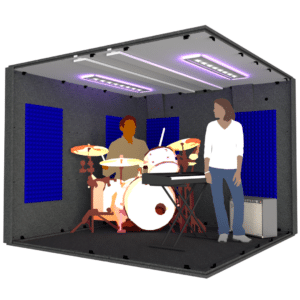 A drummer and keyboard player inside the MDL 102102 illustrates the 8.5' x 8.5' interior size of the booth.