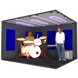 A drummer and keyboard player inside the MDL 102126 illustrates the 8.5' x 10.5' interior size of the booth.
