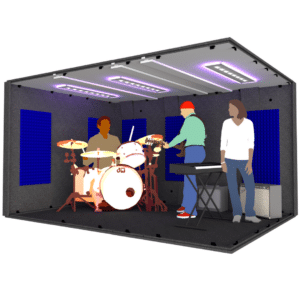 A drummer, guitarist, and keyboard player inside the MDL 102144 illustrates the 8.5' x 12' interior size of the booth.