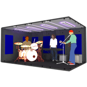 A drummer, keyboard player, and guitarist inside the MDL 102168 illustrate the 8.5' x 14' interior size of the booth.