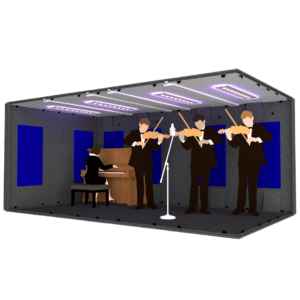A piano player and three violinists inside the MDL 102186 illustrate the 8.5' x 15.5' interior size of the booth.