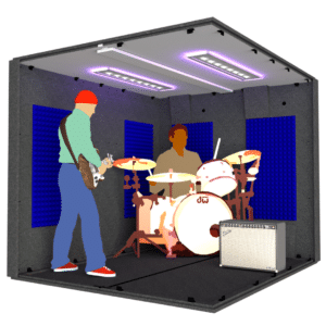 A drummer and guitar player inside the MDL 10284 illustrates the 8.5' x 7' interior size of the booth.