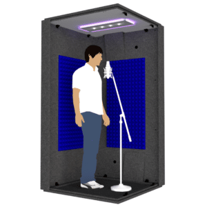 A person and a microphone inside the MDL 4242 illustrate the 3.5' x 3.5' interior size of the booth.
