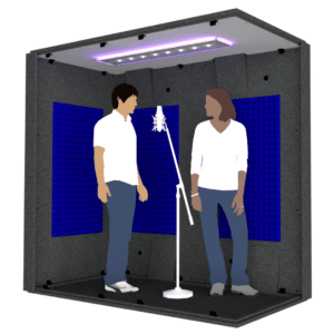 Two people and a microphone inside the MDL 4284 illustrate the 3.5' x 7' interior size of the booth.