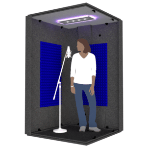 A person and microphone inside the MDL 4848 illustrate the 4' x 4' interior size of the booth.