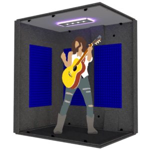 A guitar player inside the MDL 4872 illustrates the 4' x 6' interior size of the booth.