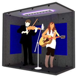 A violinist, a guitarist, and a microphone inside the MDL 4896 illustrate the 4' x 8' interior size of the booth.