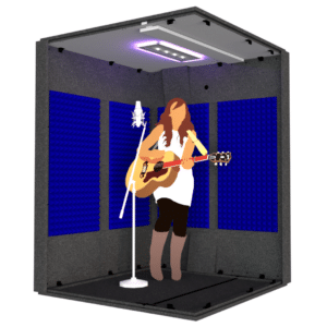 A guitarist and a microphone inside the MDL 6060 illustrate the 5' x 5' interior size of the booth.