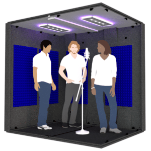 Three people and a microphone inside the MDL 6084 illustrate the 5' x 7' interior size of the booth.