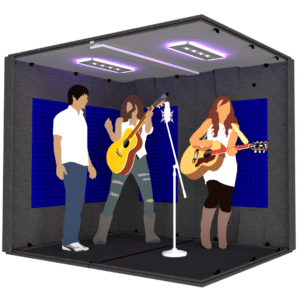 A singer and two guitar players inside the MDL 7296 illustrate the 6' x 8' interior size of the booth.