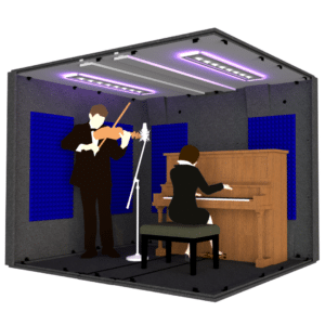 A piano player and violinist inside the MDL 84102 illustrate the 7' x 8.5' interior size of the booth.