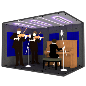 A piano player and two violinists inside the MDL 84126 illustrate the 7' x 10.5' interior size of the booth.