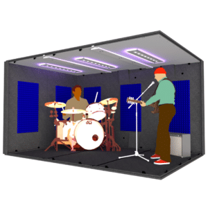 A drummer, and guitar player inside the MDL 96144 illustrates the 8' x 12' interior size of the booth.