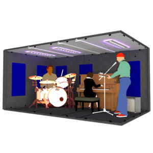 A drummer, guitar player, and piano player inside the MDL 96168 illustrates the 8' x 14' interior size of the booth.