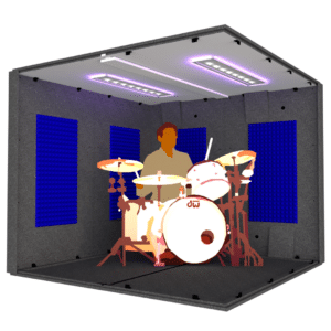 A drummer inside the MDL 9696 illustrates the 8' x 8' interior size of the booth.