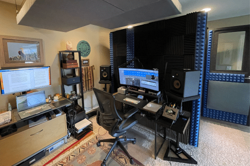 Todd Stark's home voice over studio with a WhisperRoom, recording equipment, and furniture.