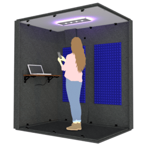 A woman on her phone inside the Work From Home Booth illustrates the 4' x 6' interior size of the booth.