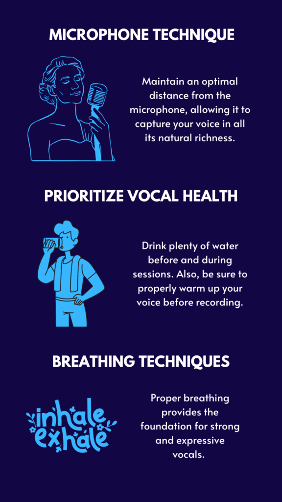 Image: An infographic displaying key elements of voice recording. It includes sections on microphone technique, prioritizing vocal health, and breathing techniques.