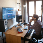 Man seated at a music production desk at home, surrounded by MIDI controllers and musical equipment. He is focused on composing a song, looking attentively at the computer monitor while deep in thought.