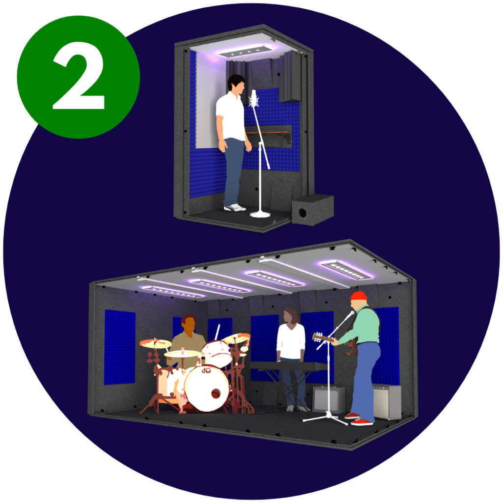 Circular image featuring two illustrations. The first illustration shows a man standing inside a smaller sized WhisperRoom, highlighting its individual usability. The second illustration depicts three musicians standing inside a larger WhisperRoom, showcasing its capacity for accommodating multiple individuals. These images represent the customizable design options available with WhisperRoom booths.