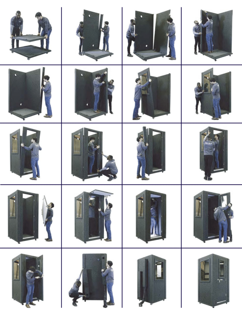 Step-by-step assembly of a WhisperRoom shown in multiple smaller images. Two men are seen meticulously building the sound-isolated booth. They carefully connect panels, aligning them with precision. The images demonstrate the collaborative process, with one man holding parts while the other secures them together. The step-by-step progression showcases the construction of a fully assembled WhisperRoom, highlighting the craftsmanship and attention to detail involved in the assembly process.