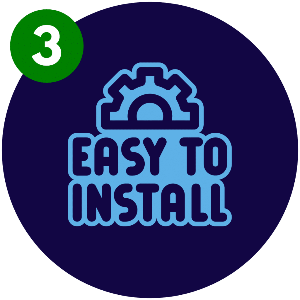 Circular image displaying a graphic with the text "Easy to Install" accompanied by a gear icon positioned above the words. This image illustrates the straightforward installation process associated with WhisperRoom booths, highlighting their user-friendly design and ease of setup.