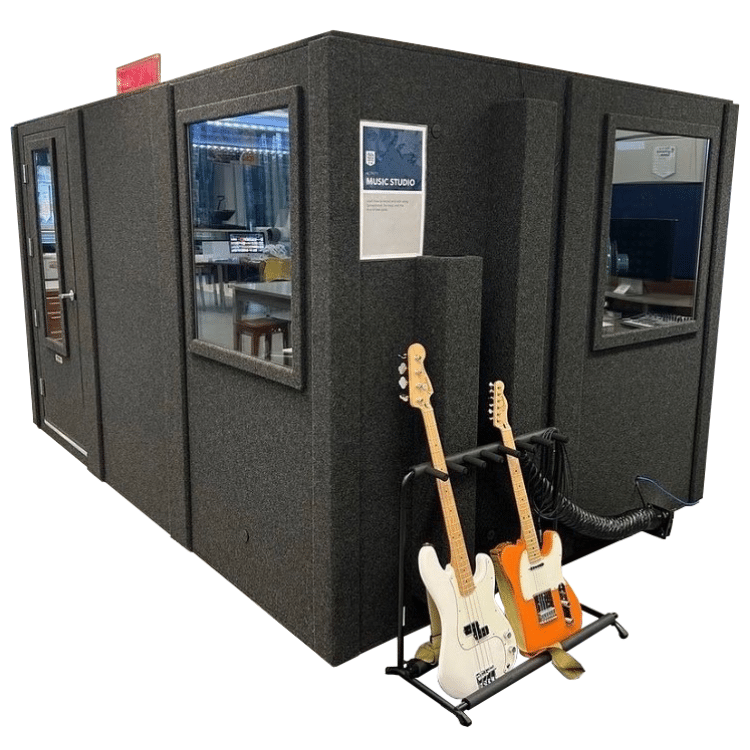 A single-wall WhisperRoom 96144 S soundproof booth, measuring 8' x 12', depicted on a neutral background, with an electric guitar and electric bass poised on a music stand just outside the booth.