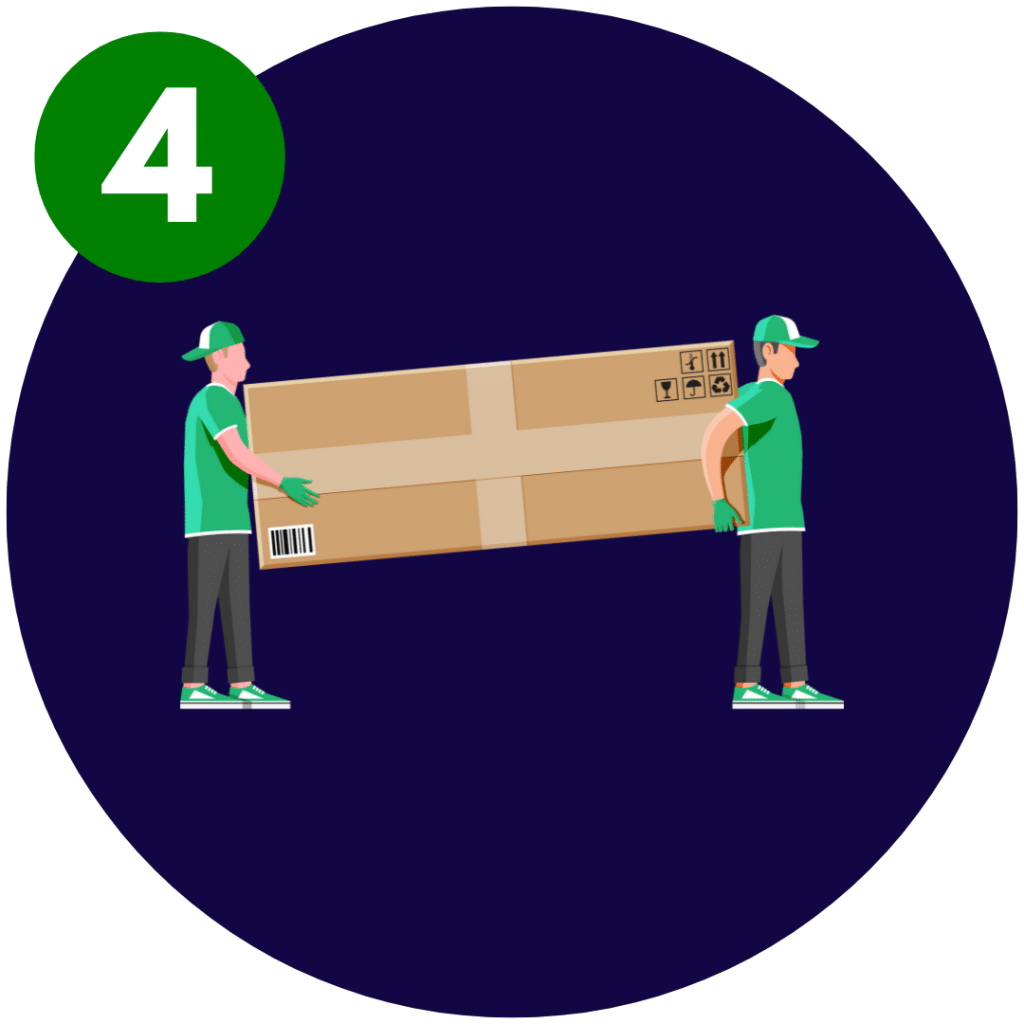 Circular image presenting a graphic of two men carrying a large rectangular item in a box during a moving day, symbolizing the portability of WhisperRoom booths. The image represents the convenience and ease of relocating these booths, underscoring their ability to be disassembled and transported to different locations.