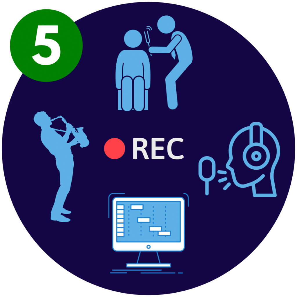Circular image featuring multiple graphics representing versatility. The graphics include a depiction of a hearing exam, a saxophone player, a computer with recording software, and a person recording voice-over into a microphone. This image visually communicates the wide range of applications for WhisperRoom booths, showcasing their versatility in accommodating various uses such as audiology, music recording, audio production, and voice-over work.