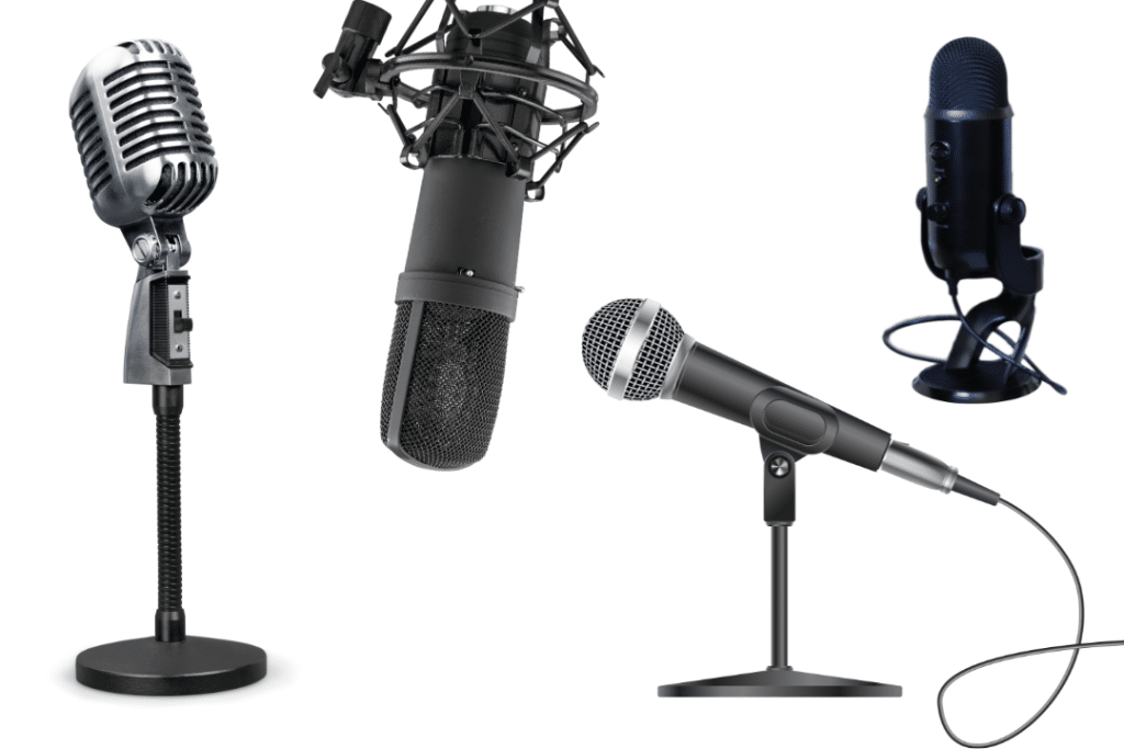 An assortment of different microphones showcasing their noise characteristics. The image features four microphones, one of which is a dynamic microphone and the remaining three are condenser microphones. Each microphone is designed to capture sound with distinct characteristics and has its own unique noise profile. The microphones vary in shape, size, and color, representing the diversity of options available for capturing high-quality audio in various recording and broadcasting scenarios.