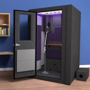WhisperRoom's Voice Over Basic Package in Home Studio: Left-Hinge Door Open, Multi-Colored LED Studio Light, Folding Office Desk, Purple Auralex Studiofoam, Acoustic Package, and Microphone with Pop Filter Inside Vocal Booth.