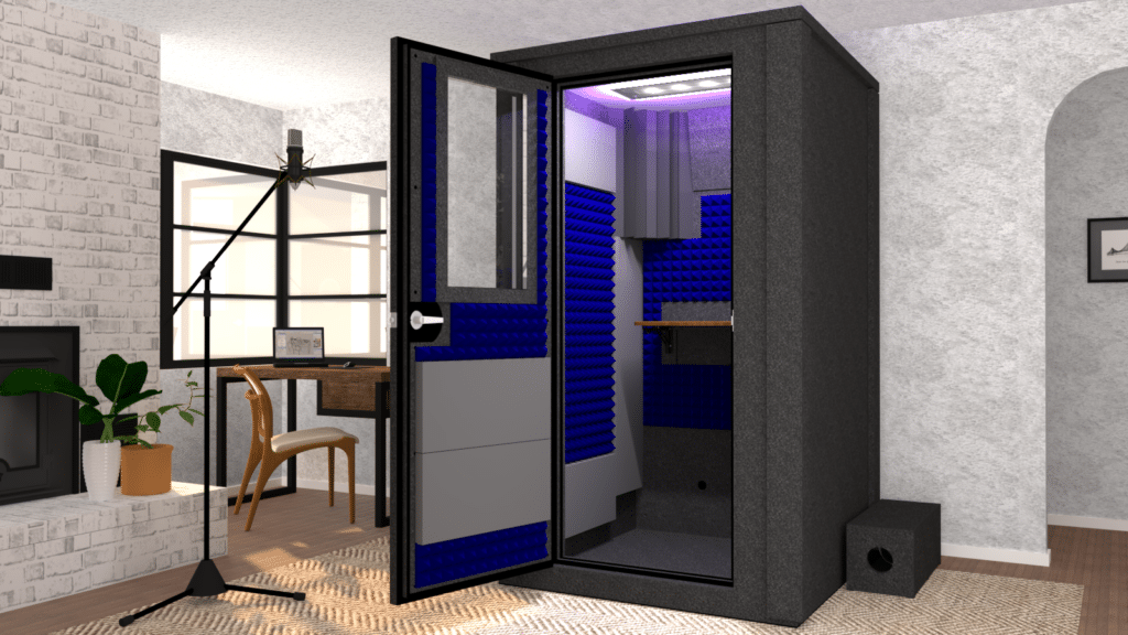WhisperRoom's Voice Over Deluxe Package: A 4'x4' Double-Wall Vocal Booth equipped with Bass Traps, a Folding Office Desk, Blue Auralex StudioFoam, an Exterior Fan Silencer, Multi-Colored LED Studio Light, and an Acoustic Package, perfectly integrated into a living room home recording studio setup next to a fireplace with a chair at a desk, a laptop, and a complete various other equipment for voiceover.