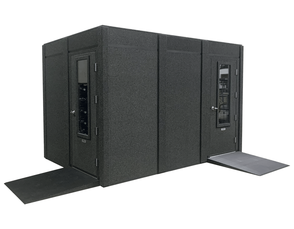 Spacious WhisperRoom Sound Isolation Booth with dual wide access doors and ramps, ideal for product testing and research, offering optimal sound isolation and accessibility.