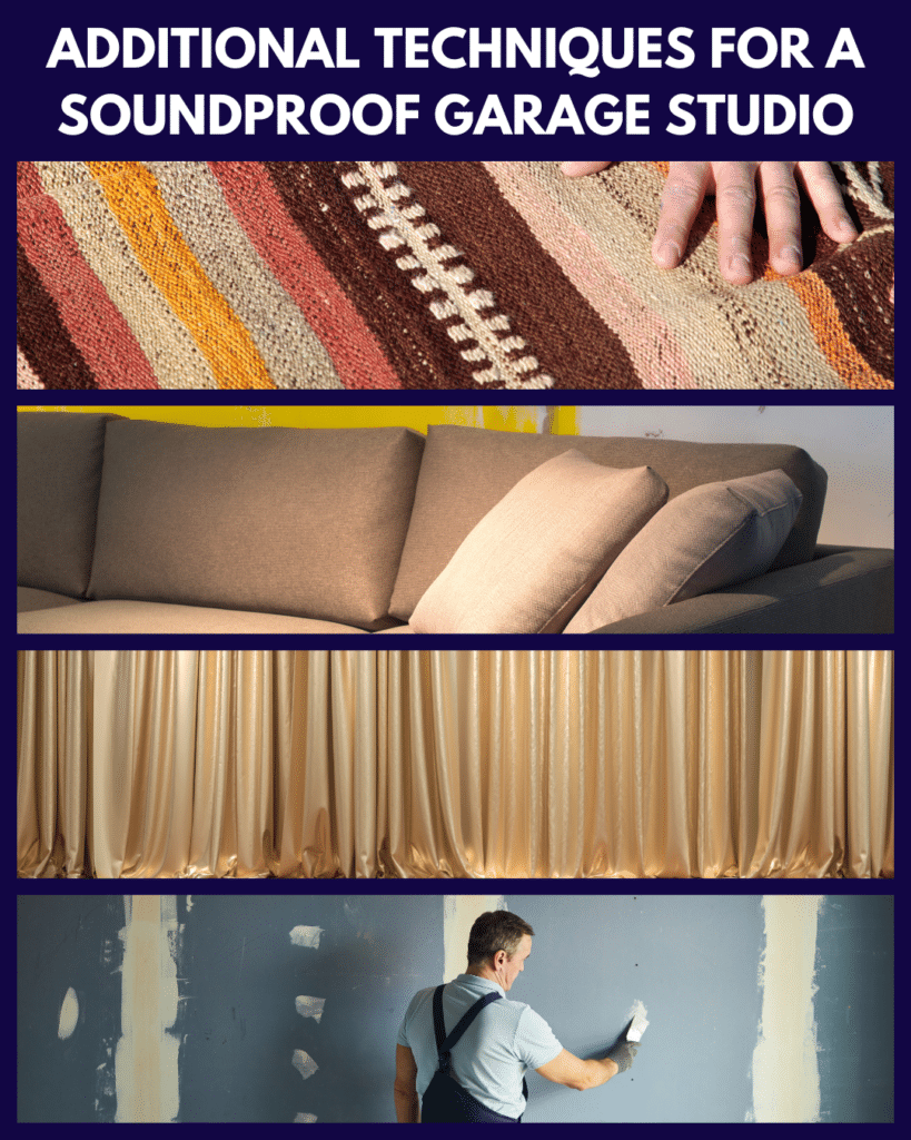 Collage of four images demonstrating additional techniques for enhancing soundproofing in a garage studio: 1) A person laying down a thick carpet on the studio floor for sound absorption, 2) A plush couch in the studio space, adding to the sound dampening, 3) Heavy soundproof curtains hung over a window to minimize external noise intrusion, 4) A man carefully applying spackle to wall cracks for improved sound insulation