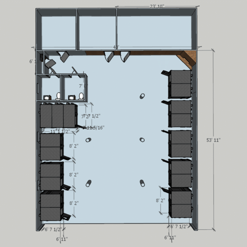 Top-down view of a CAD-rendered floor plan featuring strategically placed WhisperRooms, demonstrating the integration of sound isolation booths within the layout.