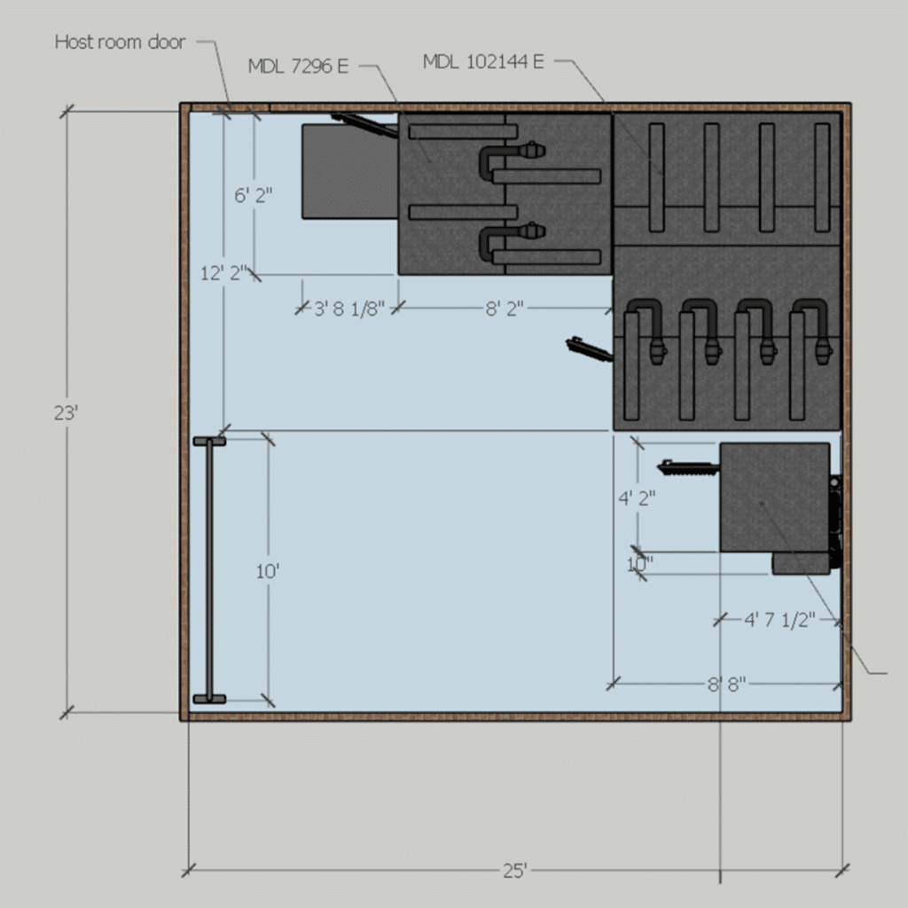 Top-down CAD drawing overlaying a hand-drawn room diagram with strategically placed WhisperRooms and marked dimensions, offering a comprehensive visual representation of the spatial arrangement and booth placement.