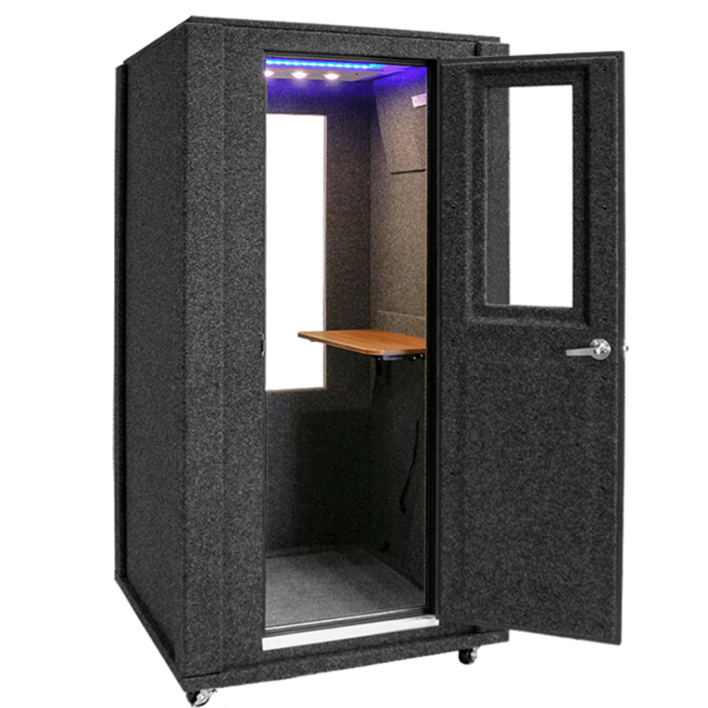 The WhisperRoom 3.5' x 3.5' Office Booth Packages shown from the exterior with door open.