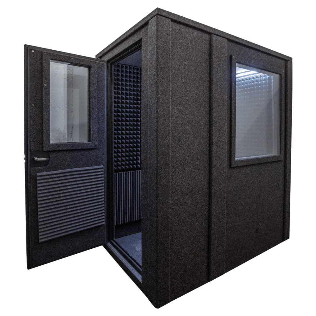 An Enhanced (double-walled) WhisperRoom MDL 4872 E shown from the outside with the door open.