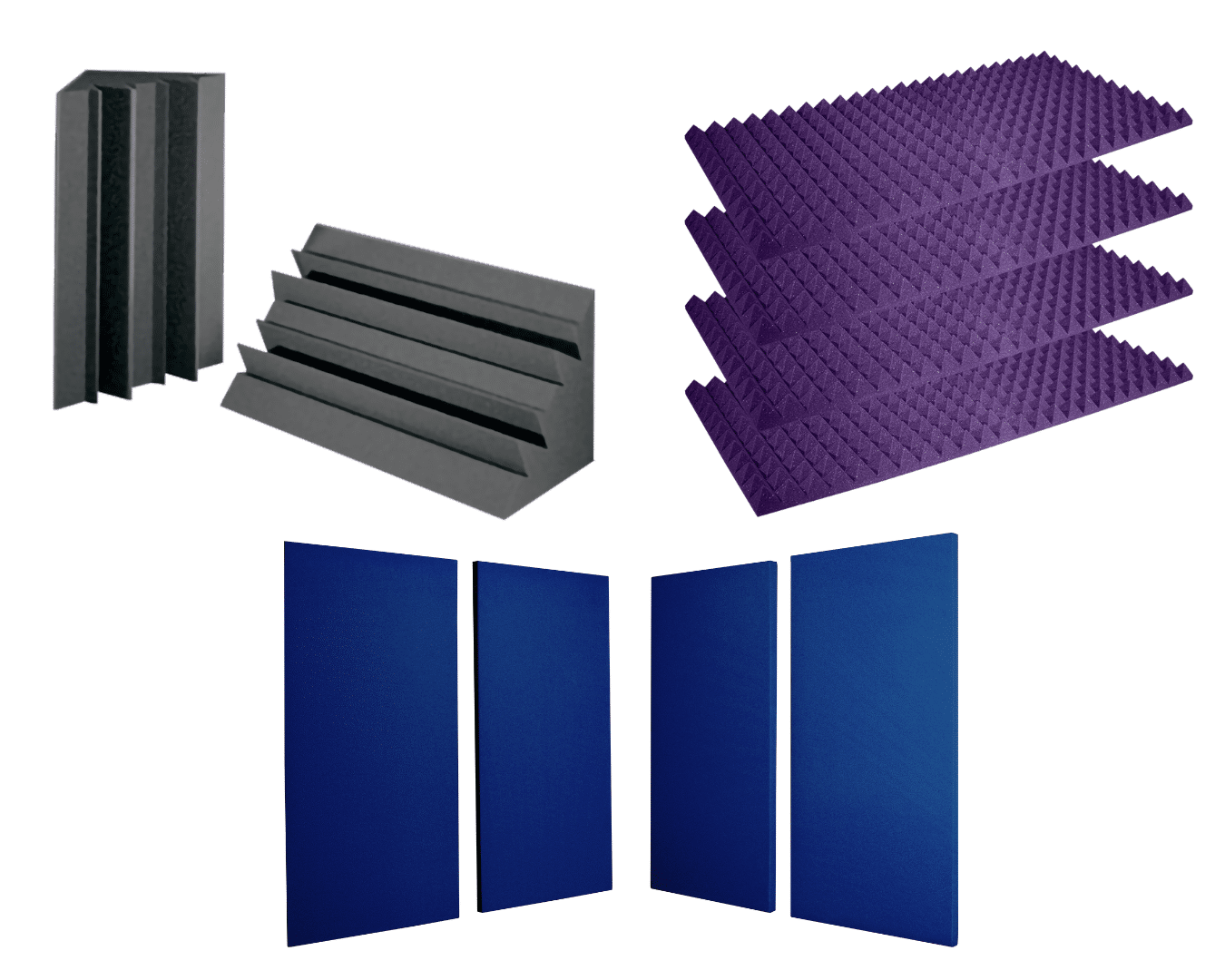 Image displaying Acoustic Treatment options for a WhisperRoom, including bass traps, acoustic studio foam, and fabric acoustic panels, enhancing sound quality and control within the sound isolation booth.