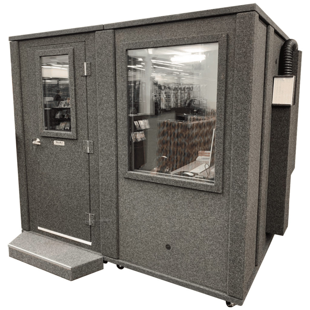 Image of a WhisperRoom MDL 7296 E, a 6' x 8' double-wall isolation booth, featuring a caster plate for mobility and a HEPA filter on the vent set for enhanced air quality.