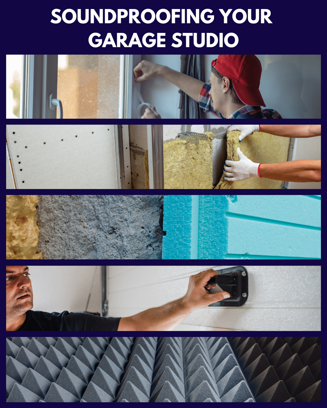 Collage of five images illustrating key steps in soundproofing a garage studio: 1) A man applying weather stripping to a window to seal sound leaks, 2) Insulation material being installed within a wall for sound absorption, 3) Additional layers of soundproofing material being added to a studio wall for enhanced noise reduction, 4) A man securely closing the garage door to ensure a sound-tight space, and 5) Various studio foam panels designed for wall installation to optimize acoustics and minimize external noise.